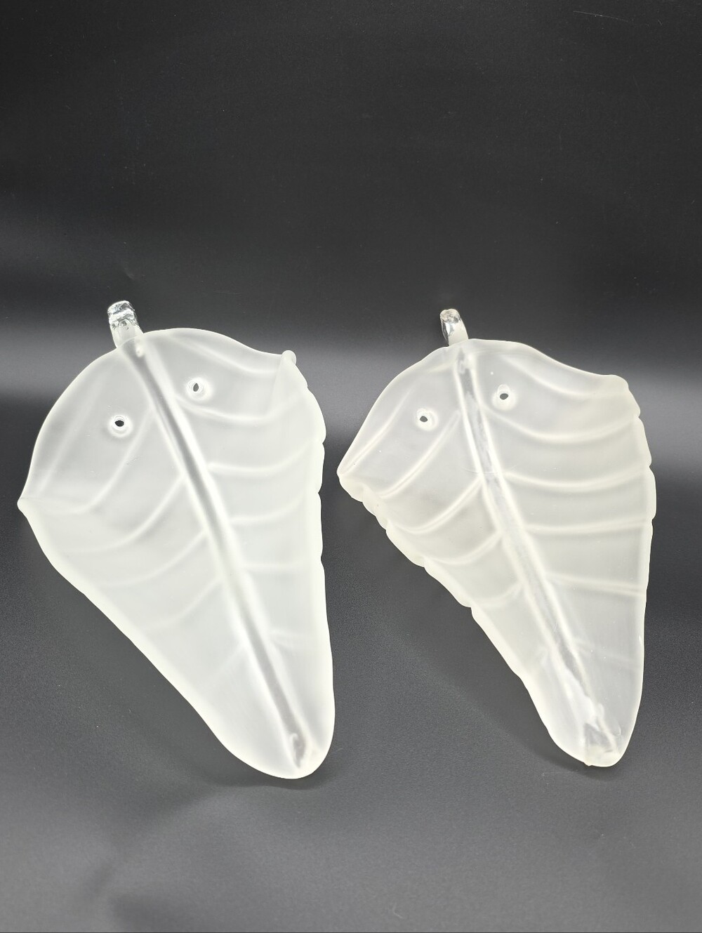 Vtg Pair Mid Century Murano Ribbed Frosted Art Glass Leaf Wall Sconce Shades